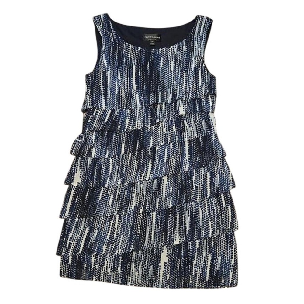 Connected Petite‎ Blue White Abstract Print Tiered Ruffle Dress Size 12P